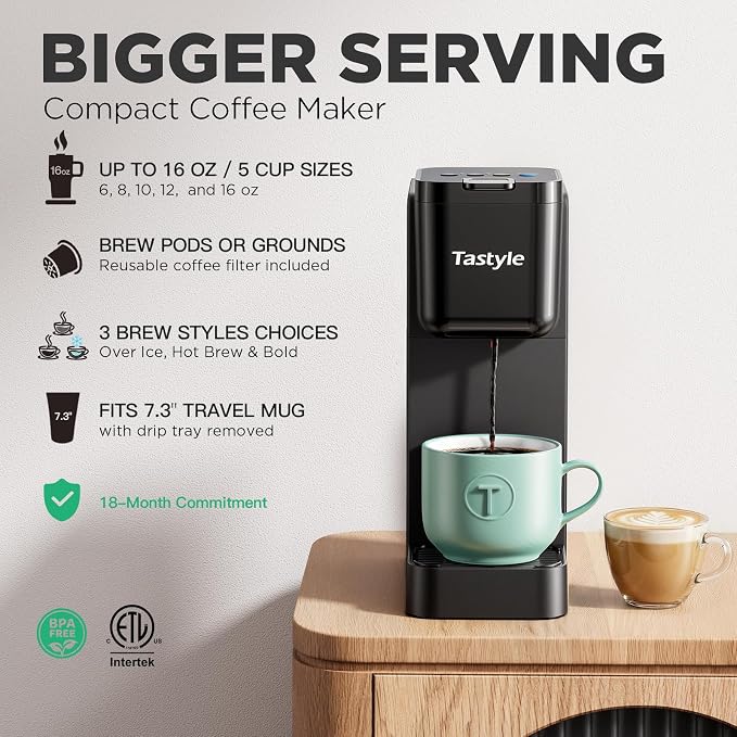 Tastyle Single Serve Coffee Maker Hot and Iced with Bold Brew, Up to 16 Oz | for K Cup and Ground, Fits 7.3'' Travel Mug, 5 Cup Sizes, Compact for Office, RV& Hotel, K320, 3.0 Version, Black