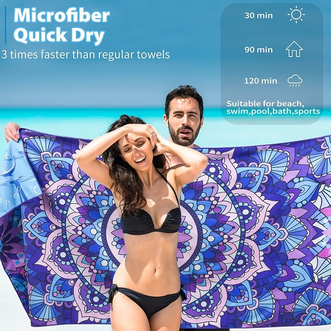 TwoYek Microfiber Beach Towel Extra Large 71x32 Mandala Leaves 2 Pack | Thin & Lightweight, Sand Free, Super Absorbent & Quick Dry, Oversized Towels for Beach Bath Pool Swim Travel Essentials Gift
