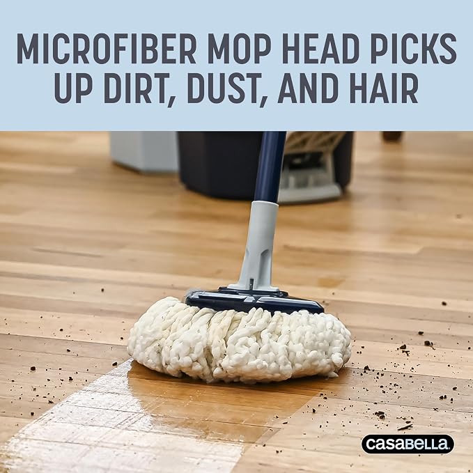 Casabella Clean Water Microfiber Spin Mop with 2-Bucket System, Antibacterial Spin Mop and Mopping Bucket Set, Blue/White