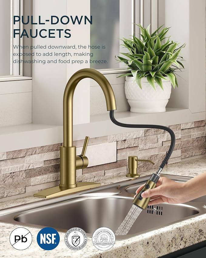 FORIOUS Gold Kitchen Faucet with Soap Dispenser and Pull Down Sprayer, Bar High Arc Single Handle Classic 3 Modes Stainless Steel Faucet for Kitchen Sink Farmhouse RV Laundry Camper
