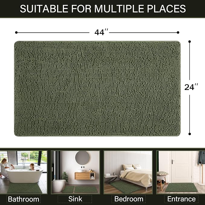 LOCHAS Luxury Bathroom Rug Shaggy Bath Mat 24 x 44 Inch, Olive Green | Washable Non Slip Bath Rugs for Bathroom Shower, Soft Plush Chenille Absorbent Carpets