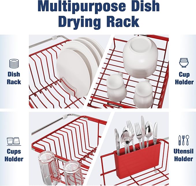 JASIWAY Red Dish Drying Rack in Sink, Dish Drainer with Utensil Holder | Over The Sink Expandable Stainless Steel Strainer Dryer Rack for Small Kitchen, Counter Space Saving, Fast Drain, Rustproof