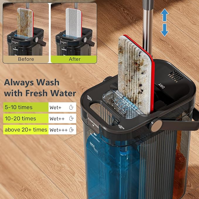 HoMettler Transparent Mop and Bucket Set with Separate Dirty & Clean Water, 65" Flat Mop for Floor Cleaning (Grey)