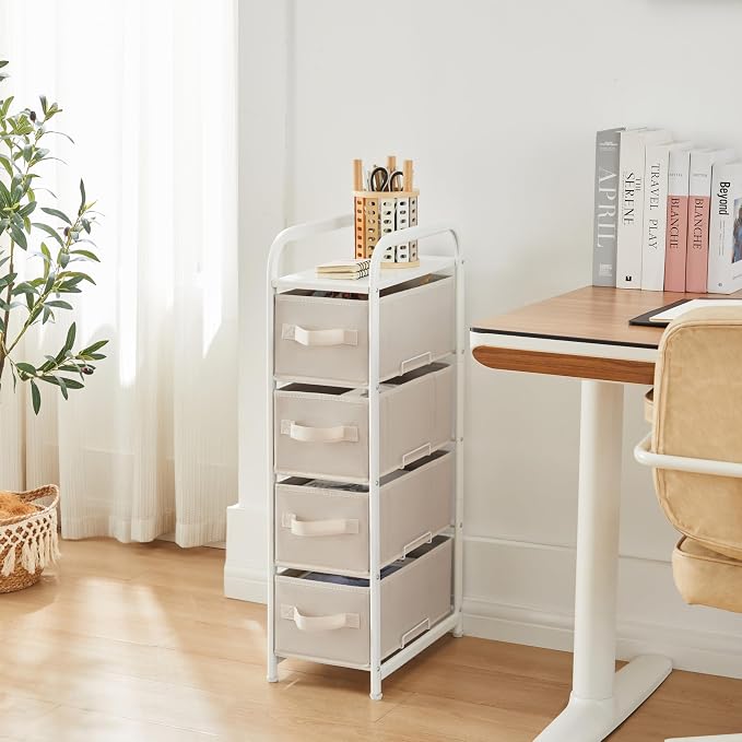 MAX Houser 4 Drawer Narrow Dresser Fabric Storage Tower Vertical Slim Storage Chest Organizer Nightstand Side/End Table Small Standing Organizer Removable Drawers Wood Top for Bedroom, Bathroom(Beige)