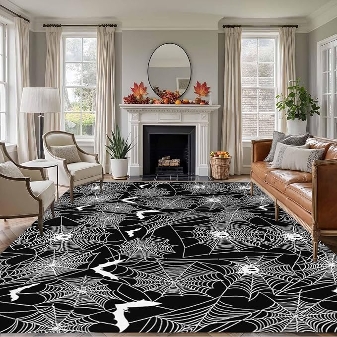 8 x 10 Ft Large Area Rug for Living Room, Halloween Indoor Accent Rugs for Bedroom, Black Scary White Bat Animal Net Geometric Decorative Modern Carpet Washable Low Pile Non Slip Rug for Dining Room