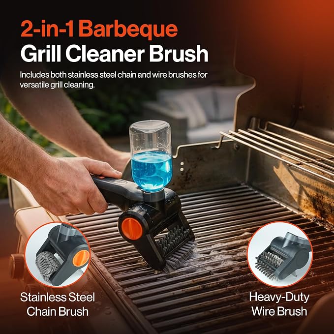 Electric Grill Brush Cordless Rechargeable with Soap Dispenser, Automatic Outdoor BBQ Electric Grill Cleaner Brush Including Interchangeable Stainless Steel Wire & Bristle Free Chain Brush