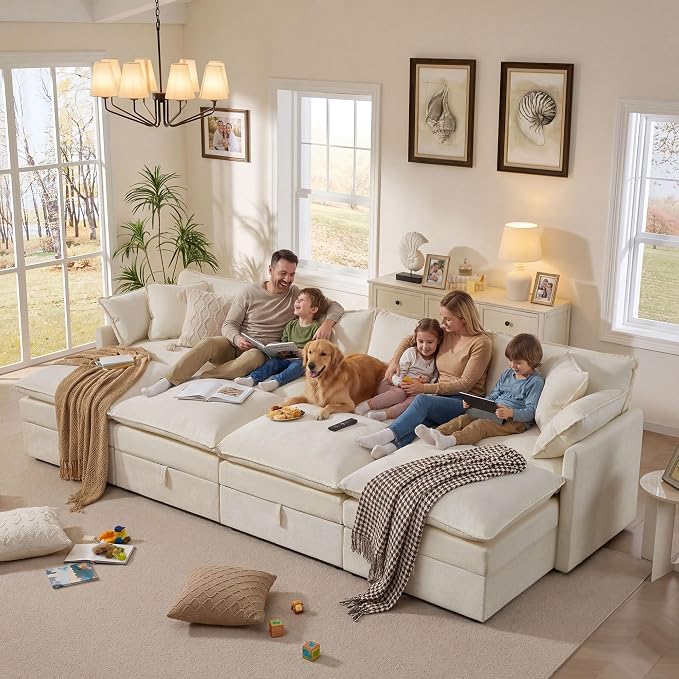 Ihanherry 135” Oversized Sectional Sofa Bed with Storage, 8-Seater Modular Cloud Couch with Movable Ottomans, Chenille Deep Seat Sleeper Couches for Living Room (Beige)