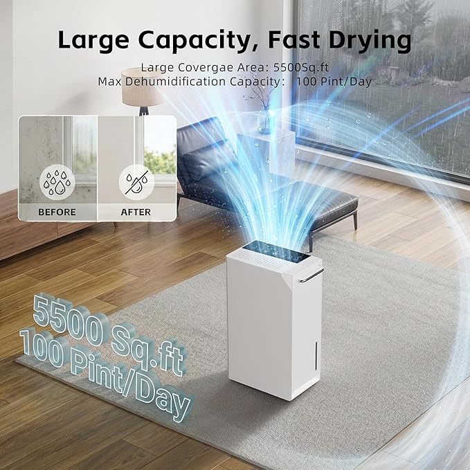 Uthfy 5500 Sq.Ft Dehumidifiers for Home and Basement, Max 100 Pint/Day Dehumidifier with Drain Hose, 24 H Timer & Child Lock, LED Panel, Ultra Quiet, whole house dehumidifiers for home, Bedroom