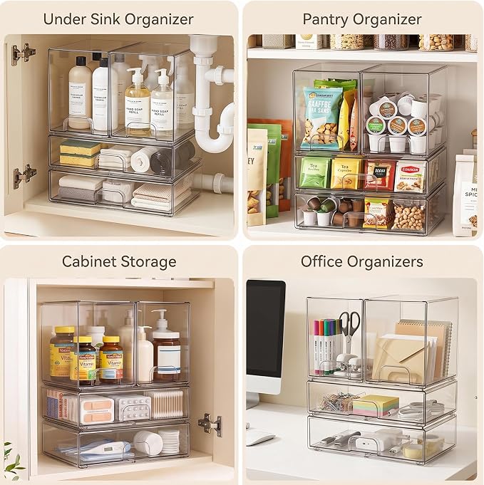 Clear Stackable Storage Drawers: Baby Bottle Storage Organizer, Acrylic Bottles Station Organizer Container for Countertop, Vanity, Bathroom, Cabinet Organization - 4 Pack