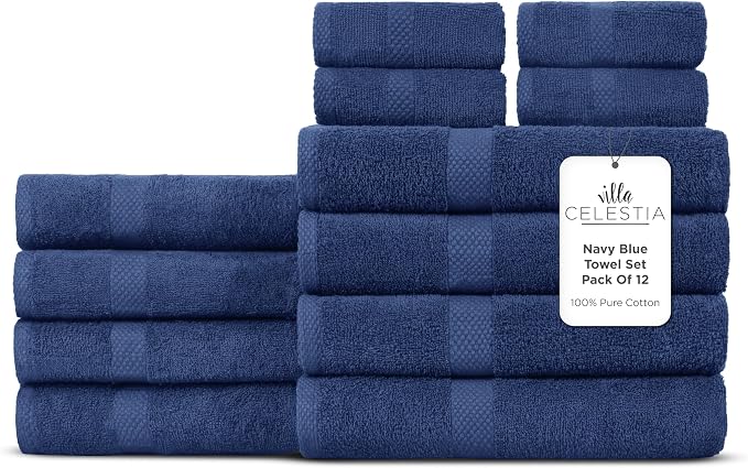 Villa Celestia 12-Piece 100% Cotton Towel Set, 4 Bath Towels, 4 Hand Towels, 4 Wash Cloth, Quick-Dry, Navy Blue