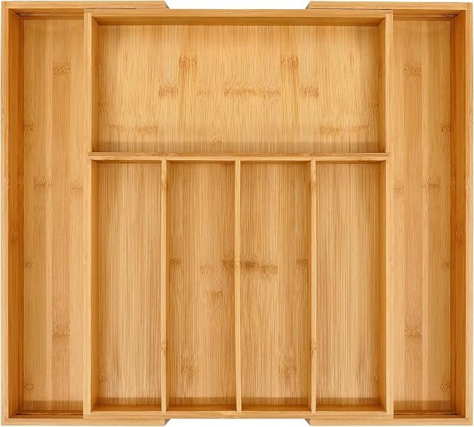 VaeFae Premium Bamboo Drawer Organizer, Expandable Silverware Drawer Organizer, Cutlery Tray with Dividers for Kitchen Utensils (Natural, Large)