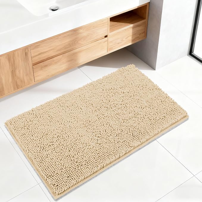 Bathroom Rugs Mat 72 x 24, Thick Soft Absorbent Chenille Bath Rugs, Rubber Backing Bath Mats for Bathroom Floor, Tub, Shower, Bedroom, Home Decor Accessories, Quick Dry Machine Washable, Beige