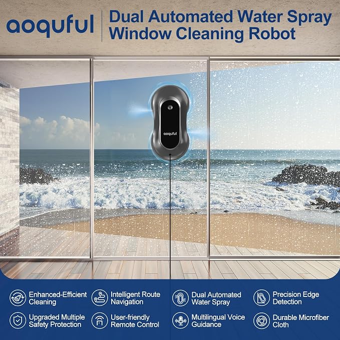 Intelligent Window Cleaning Robot - Electric Window Cleaner with Dual Water Spray, Remote & App Control, Suitable for Interior & Exterior Windows, Includes 12 Cloths, Grey