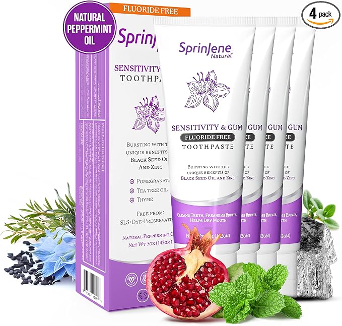 SprinJene Natural Fluoride Free Toothpaste for Sensitive Teeth & Gums – Patented Toothpaste with Black Seed Oil & Zinc – Vegan Dry Mouth Prevention for Fresh Breath – Made in the USA (4 Pack)