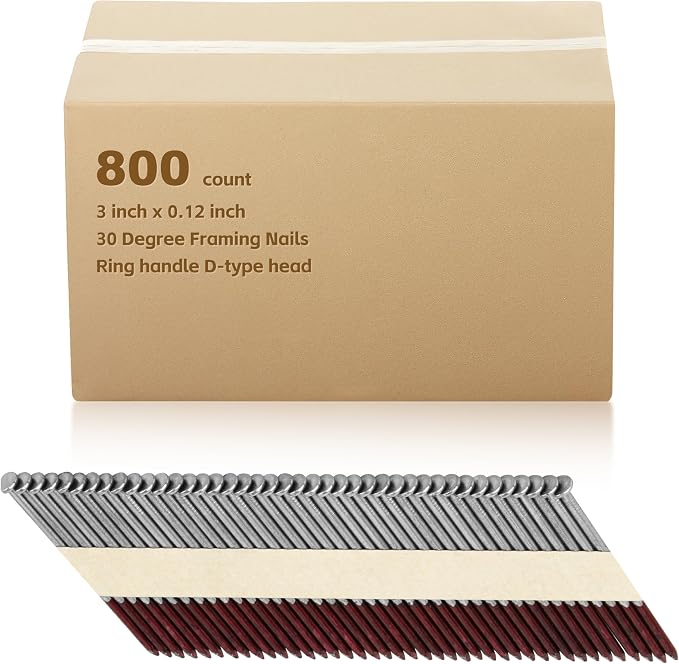 30 Degree Framing Nails 3"X .12" Smooth Shank 800 Count,D Head Paper Tape Strip Nails, for 30 to 34 Degree Framing Nailer