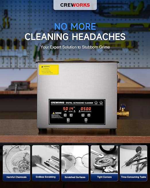 CREWORKS Ultrasound Cleaner with Heater and Timer, 1.6 gal Digital Sonic Cleaning Machine, 180W 6L Stainless Steel Jewelry Cleaner for Professional Tool Glasses Watch Retainer Denture Parts Cleaning