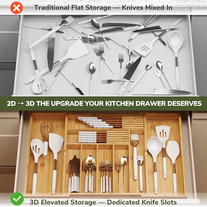 BAMEOS Bamboo Drawer Organizer Expandable Kitchen Silverware Organizer with 7-9 Deep Compartments, Bamboo Reinforced Cutlery Tray, Adjustable Utensil Holder for Kitchen(16.1"-22.4" Wide, Natural)