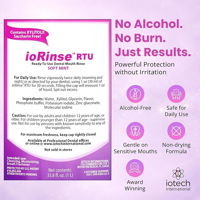 ioRinse RTU Halitosis Mouthwash for Fresh Breath, Dentists' Top Choice, Alcohol Free & Fluoride Free Molecular Iodine Oral Rinse, Soft Mint, Professional Clean Mouth Wash, RTU Mouthwash 33.8 oz