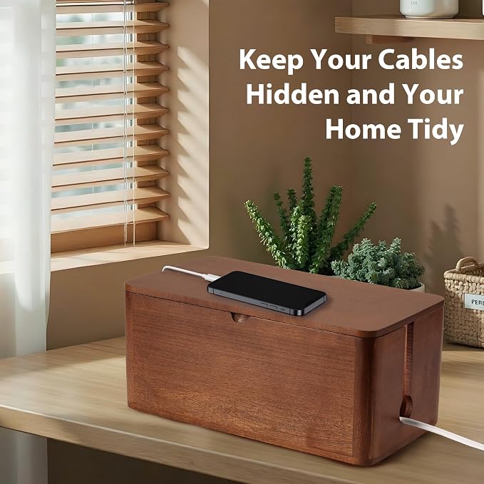 ZhiYo Wood Cable Management Box, Large Cord Organizer Box for Power Strip, Extension Cord Hider for Office, Desk Cable Storage Box for Wire Management, Floor Outlet Hider, 14.2" L × 6.7" W × 6.3" H