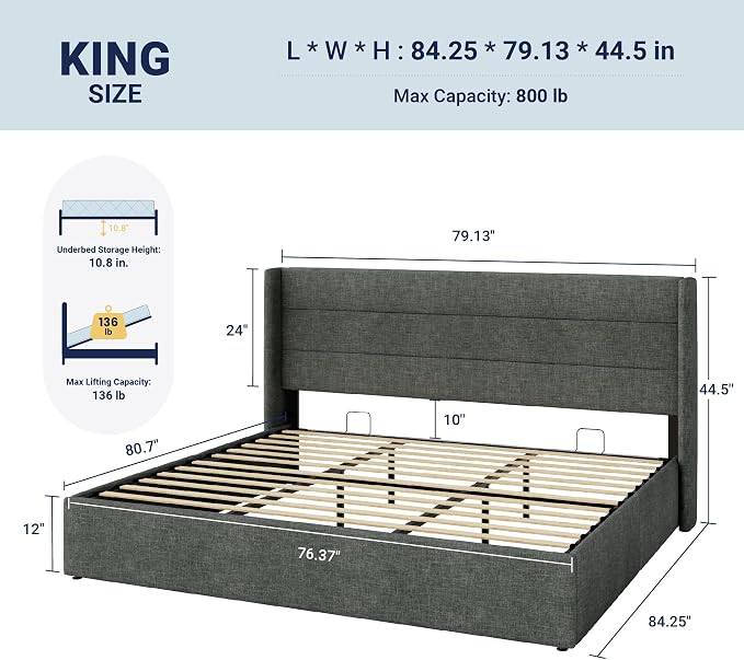 Allewie King Size Lift Up Hydraulic Storage Bed Frame Dark Grey | Modern Wingback Headboard, Hydraulic Support Storage, No Box Spring Needed