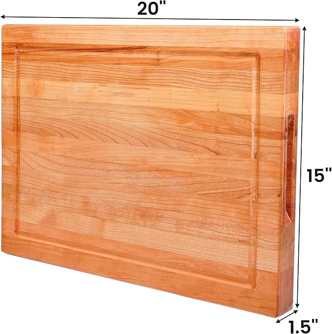 Solid Cherry Wood Cutting Board for Kitchen, USA Grown Hardwood, 20 x 15, with Invisible Inner Handle, Prefinished with Food-Grade Oil, Suitable for Kitchen Edge Grain, 1-1/2" Thick