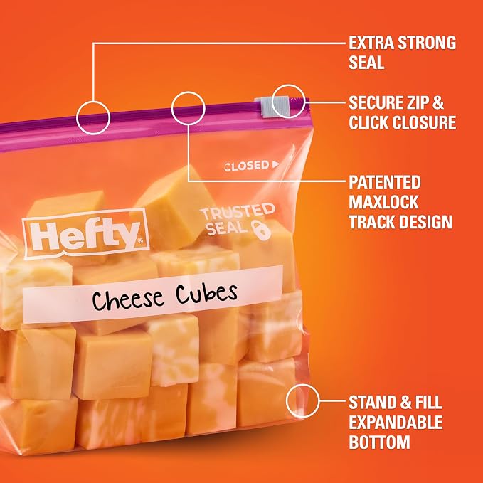 Hefty Slider Storage Bags, Quart Size, 78 Count | Bulk Pack, Quart Storage Bags for Food, Snacks, Toiletries, and More, Writable Label, Stand and Fill, Secure Slider Closure