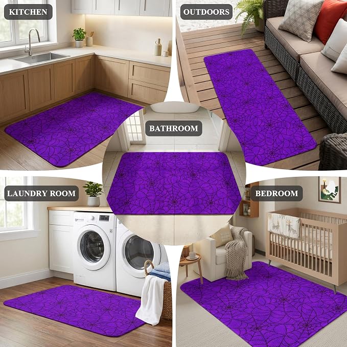 Front Door Mat Indoor Outdoor 19.7"x31.5", Purple Halloween Absorbent Non Slip Welcome Mat, Black Spiders Net Classic Gingham Low Profile Entryway Rug for Front Entrance Porch Back Door Patio