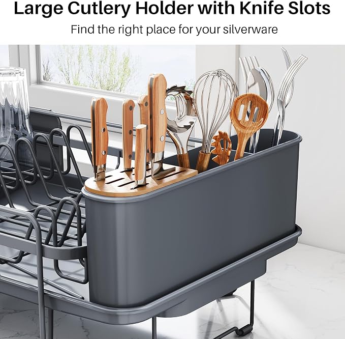 SNTD Dish Drying Rack - Large Dish Racks for Kitchen Counter, Expandable Dish Drainers with Cutlery Holder Stainless Steel Rustproof (Grey)