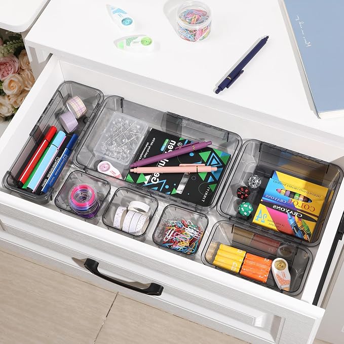 25 Pcs Clear Drawer Organizer, Adjustable Drawer Storage Box, 3-Size Desk Drawer Organizer, Acrylic Storage Bins for Makeup, Kitchen Utensils, Bedroom Dressers Tool Organizer for Gadgets, Black