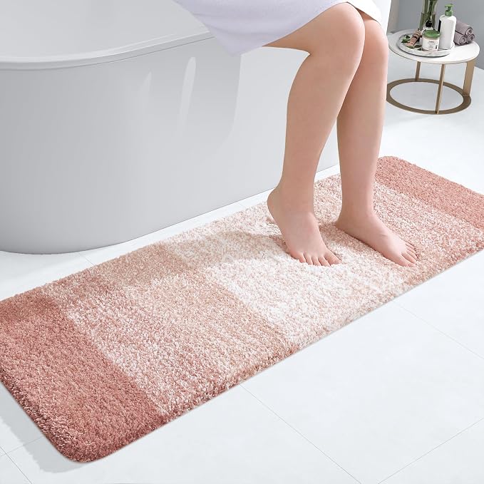 OLANLY Bathroom Runner Rugs Mat 47x17, Extra Soft Absorbent Microfiber Bath Rugs, Rubber Backing, Quick Dry, Washable Long Bath Mats for Bathroom Floor, Tub and Shower, Home Decor Accessories, Peach