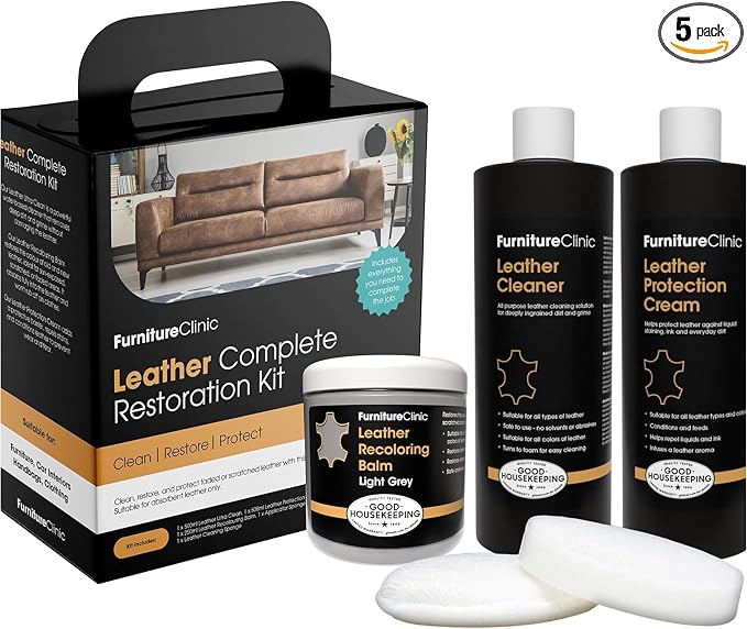 Furniture Clinic Leather Complete Restoration Kit | with Leather Recoloring Balm, Cleaner, 2-in-1 Protection Cream & Conditioner, Sponge, and Cloth | Repair Kit for Furniture (Light Grey)