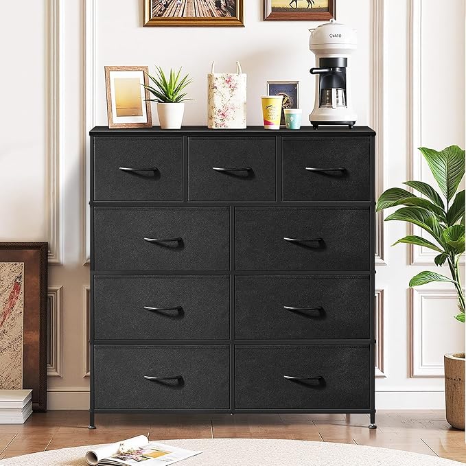 9-Drawer Dresser for Bedroom, Anti-Tip Tall Storage Organizer Chest of Drawers with Wooden Top and Metal Frame Fabric Bins for Closet, Living Room, Hallway, Entryway, Black