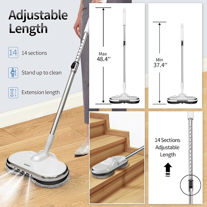 Cordless Electric Mop, WS24 Cordless Spin Mop for Floor Cleaning, Lightweight & Rechargeable Floor Cleaner with Water Sprayer and LED Headlight for Hardwood and Tile Floors, White