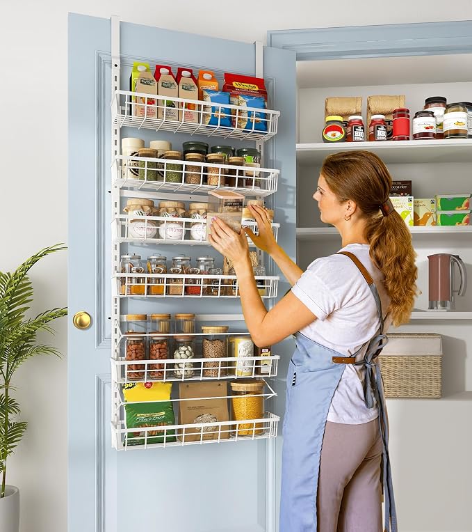 Mefirt Over The Door Pantry Organizer, Wall Mount Spice Rack, Pantry Hanging Storage and Organization, 6 Adjustable Baskets Heavy-Duty Metal for Home & Kitchen, Back of Door Seasoning Rack - White