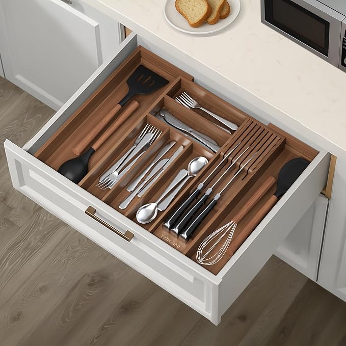 TIOPGHAD Bamboo-Silverware-Drawer-Organizer-Kitchen, Expandable Utensil Holder Cutlery Tray Flatware Organization Adjustable Wood Tableware Dividers Storage (with Removable Knife Block)(Brown)