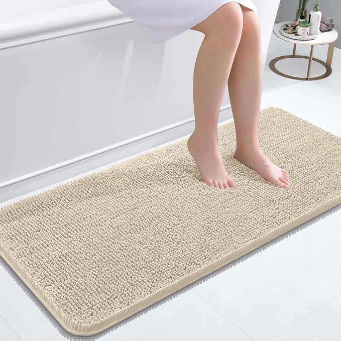 OLANLY Bathroom Runner Rugs 47x20, Extra Soft Absorbent Chenille Bath Rugs, Rubber Backing Quick Dry, Machine Washable Long Bath Mats for Bathroom Floor, Tub and Shower, Home Decor Accessories, Sand