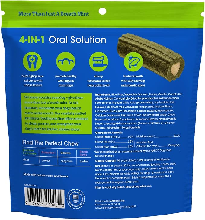 Ark Naturals Brushless Toothpaste Dog Dental Chews - Small Breeds (18 ct) | Vet Formulated Dog Dental Chew with Toothpaste Center - Freshens Breath, Reduces Plaque & Tartar