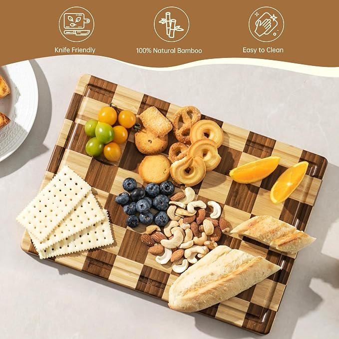 Checkered Bamboo Cutting Boards for Kitchen, Thick End Grain | Wood Chopping Board with Juice Groove, Butcher Block for Meat, Bread & Fruit, Medium, 14"L x 10"W x 0.8"Th