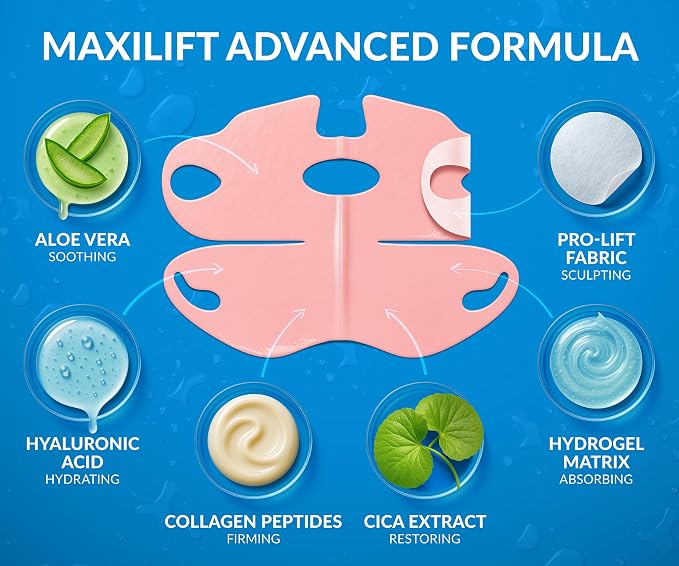 Stylia MaxiLift V-Line Lifting Collagen Face Mask - Double Chin Strap - Jawline Shaper - Neck Firming and Tightening Mask with Hyaluronic Acid & Aloe Vera - Chin Strap for Sleeping (10PC)