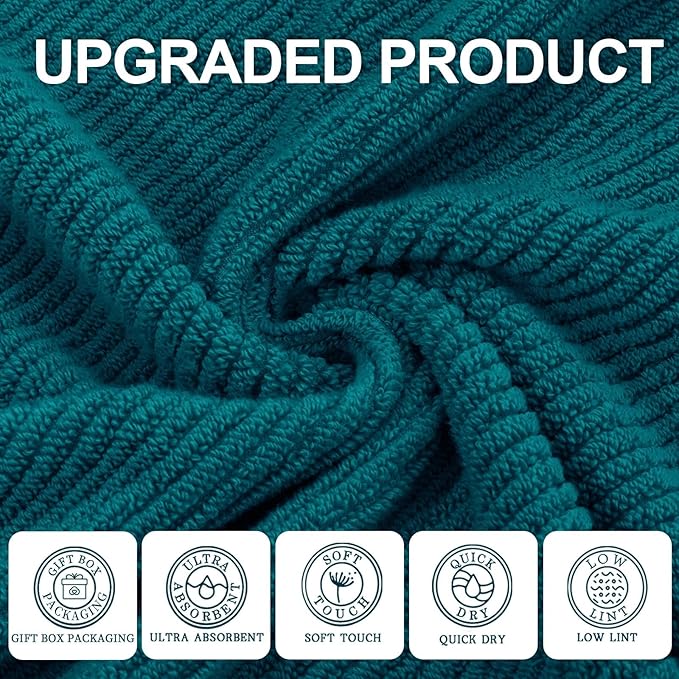 VOOVA & MOVAS 3PC Towel Set, 100% Cotton, Deep Turquoise | 1 Large Bath 30x56 In, 1 Hand 18x28 In, 1 Wash Cloth 13x13 In, Quick Dry, Soft, Thick, Bathroom Essentials