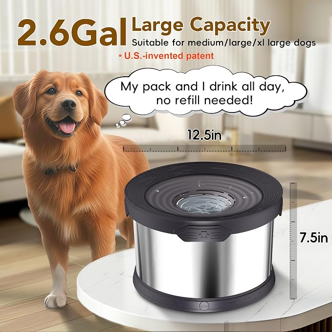 UPSKY 10L Dog Water Bowl No Spill Stainless Steel for Slow Drinking Black | Large Capacity, Spill-proof, Non-slip Design, Durable, For Large Dogs, Messy Drinkers & Multi-pet Homes, Outdoor / Indoor