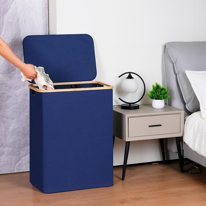 efluky Laundry Hamper with Lid, Trio Laundry Basket with 2 Removable Bags, 3 Section Laundry Bin with Bamboo Handles for Bathroom, Bedroom & Laundry Room, 160L (42.3 Gallon) Blue