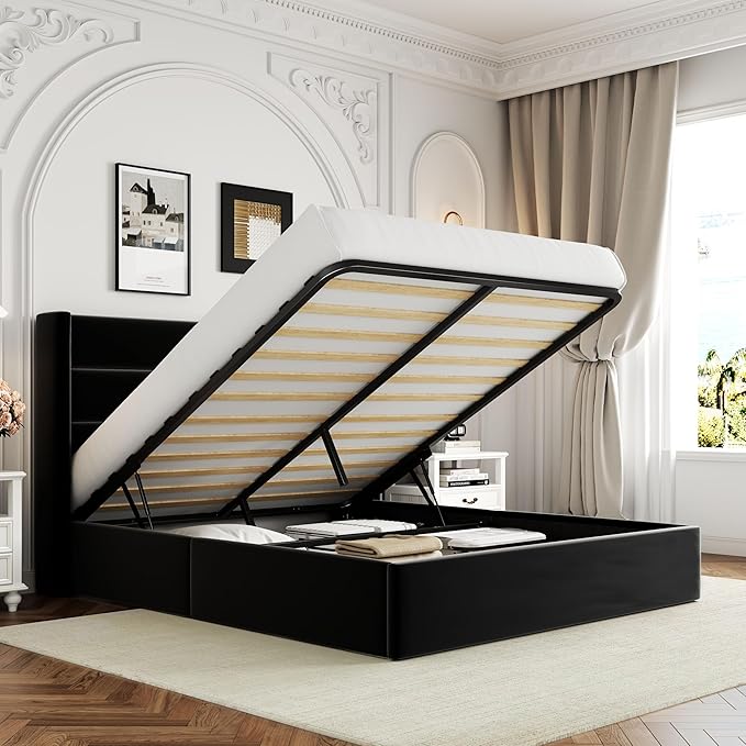Allewie Queen Size Lift Up Hydraulic Storage Bed Frame Black | Modern Wingback Headboard, Hydraulic Support Storage, No Box Spring Needed