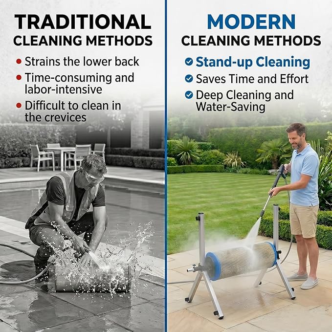 Deerchirp Filter Cleaner, Cut Cleaning Time By 6X for Deeper Cleaning, Rotary Pool Cartridge Filter Cleaner, Bend-Free Use, Stainless Steel Pool Filter Cleaning Stand Tool, Fits 3”, 4”, 6” ID Filters