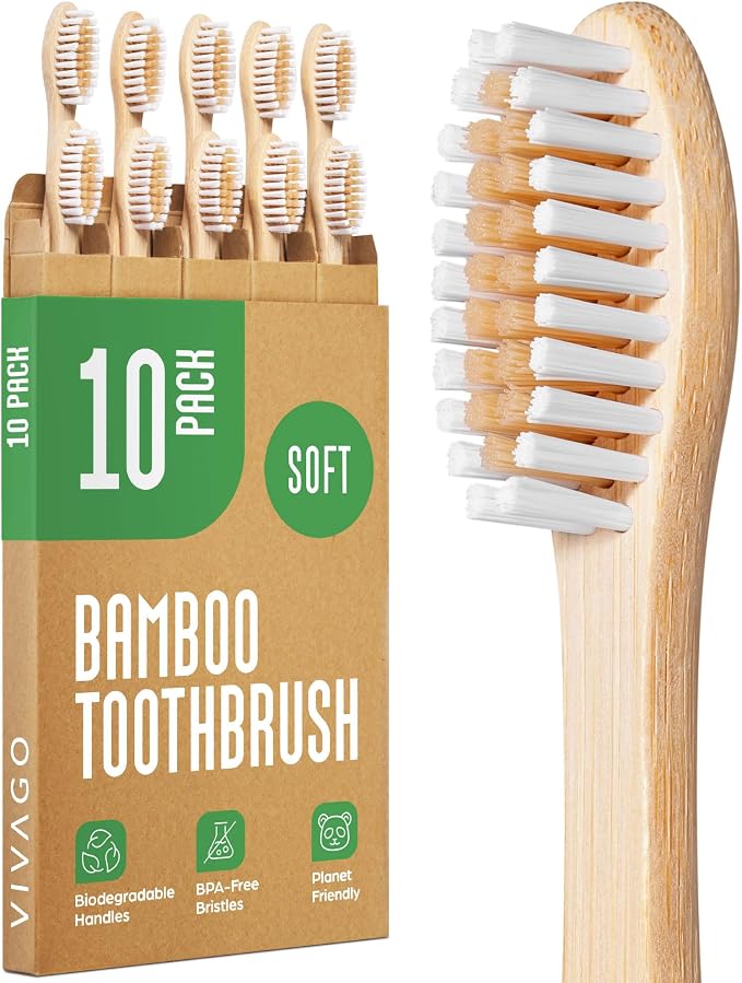 VIVAGO Bamboo Toothbrushes 10 Pack - Soft Bristles Toothbrushes for Adults | Natural Toothbrush, Eco-Friendly, Wooden Toothbrush, BPA-Free