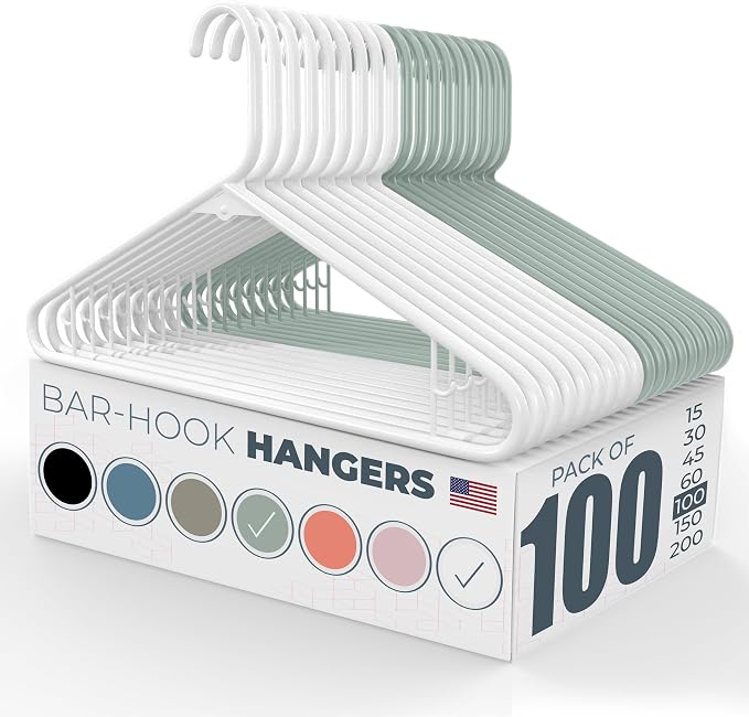 Plastic Hangers 100 Pack – Made in the USA – 6lb Capacity Standard Clothes Hangers with Strap Hooks for Dresses, Lingerie, Shirts, Pants, and Jackets – White & Mint