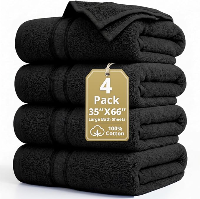 LANE LINEN 100% Cotton Bath Sheets - Exclusive Zero Twist Technology - 4 Pack (35"x66") Extra Towels large - Ultra Soft, Quick Dry & Super Absorbent - Hotel Collection Oversized Bath Towel Set - Black