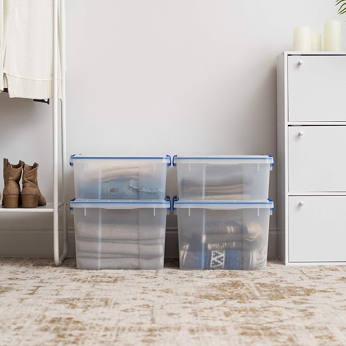 IRIS USA 4-Pack 26.5/44 Combo Qt Storage Bins with Gasket Lids, Clear/Blue | WeatherPro seal helps block dust and moisture Multiple sizes organize every room with confidence