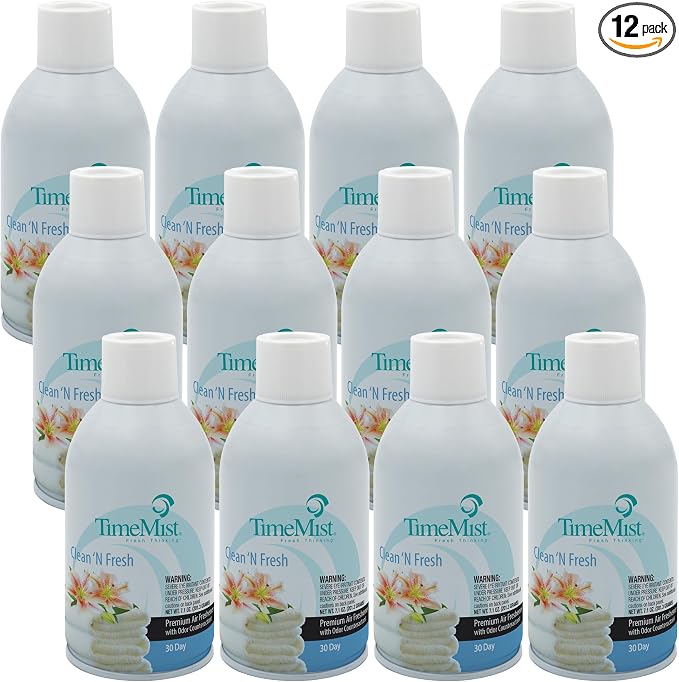 TimeMist Premium Metered Air Freshener Refills - Clean & Fresh - 7.1 oz (Case of 12) - 1042771 - Lasts Up To 30 Days and Neutralizes Tough Odors