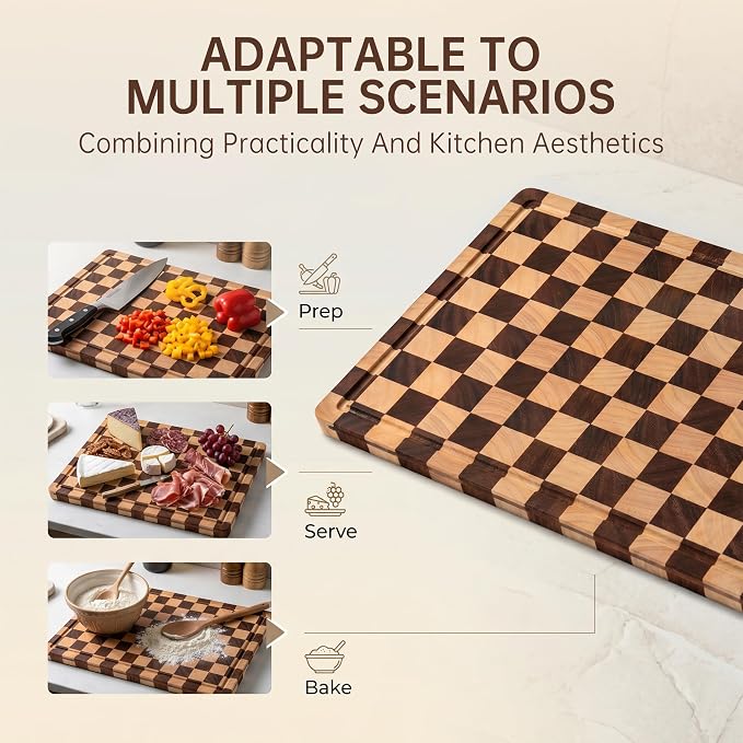 Cutting Boards for Kitchen, Checkered Wooden Chopping Board Structural Upgraded, Walnut Cutting Board with Juice Grooves & Handles, Butcher Block Serving Tray with Gift Box, 17"X 12"X 0.8"